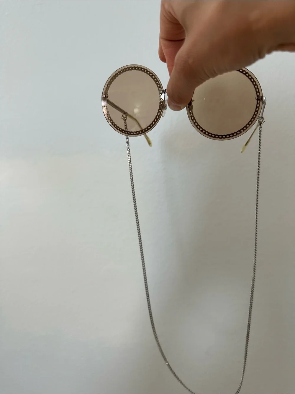 CHANEL Round Silver Chain Trim Sunglasses with Removable Chain Interlocking CC